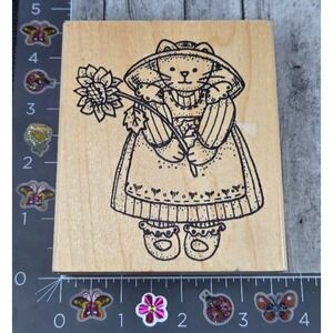 Azadi Earles Cat Holding Sunflower Dress Rubber Stamp Wood #G2